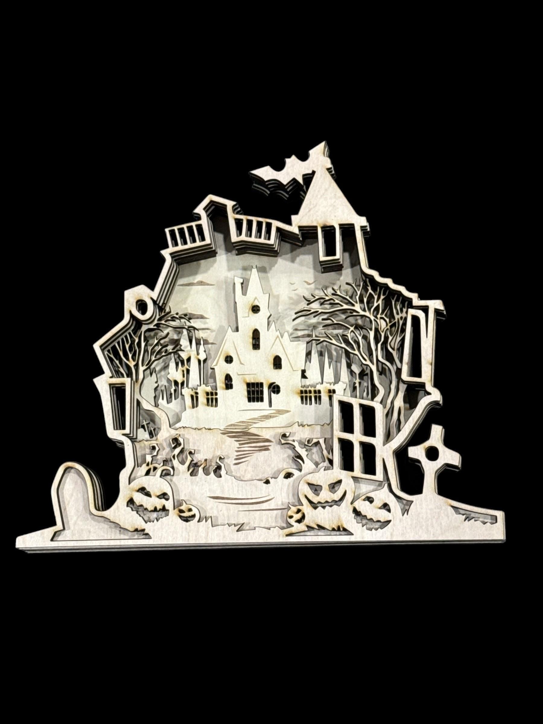 DIY 3D Halloween Haunted House Multi-Layered, Unfinished 3D Shelf Sitter, Wood DIY