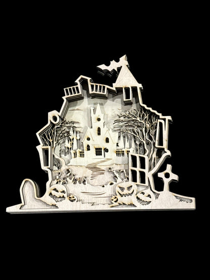 DIY 3D Halloween Haunted House Multi-Layered, Unfinished 3D Shelf Sitter, Wood DIY