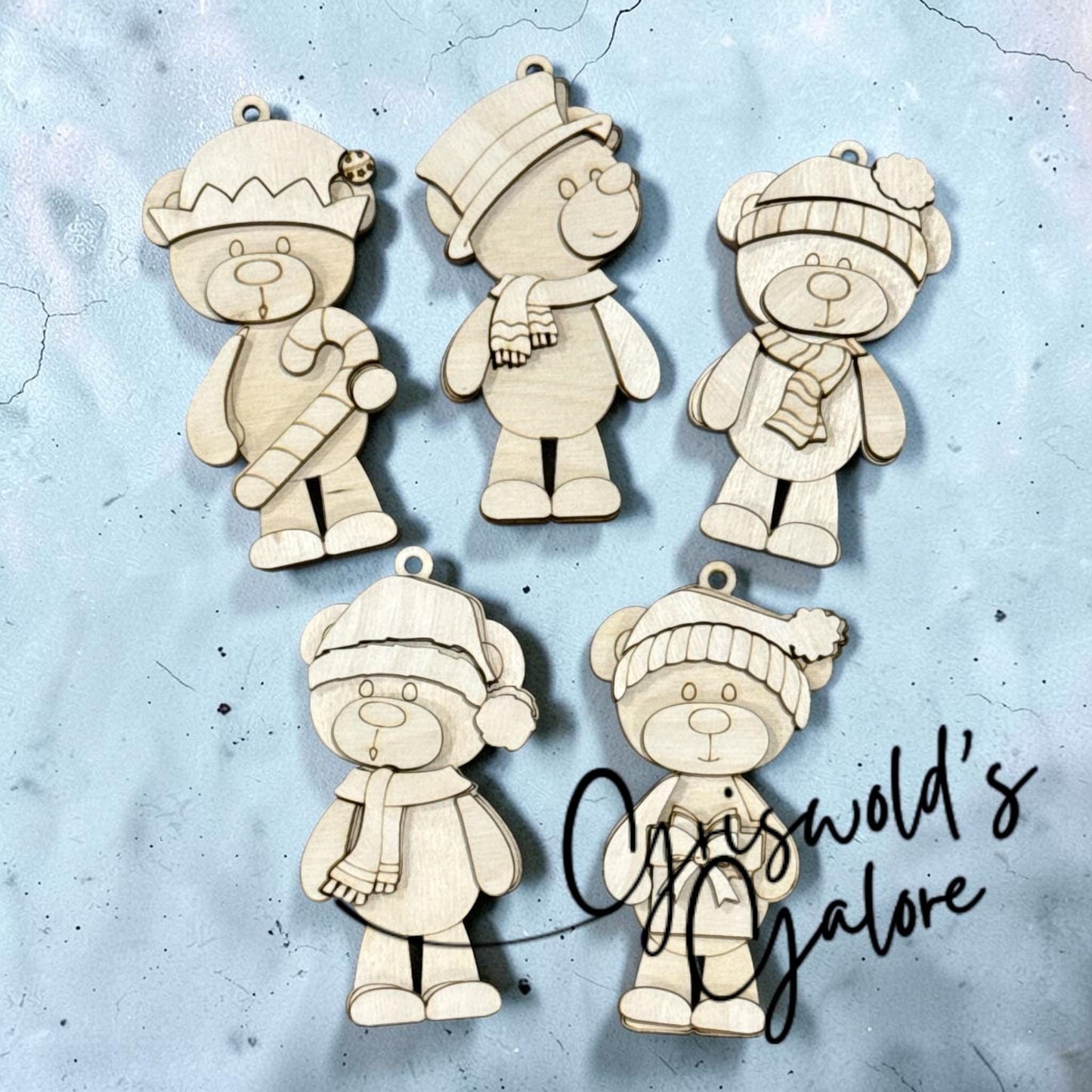 DIY Sweet Teddy Bear Set of 5 Ornaments, Unfinished Ornaments, Teddy Bear Unfinished Wooden Ornaments