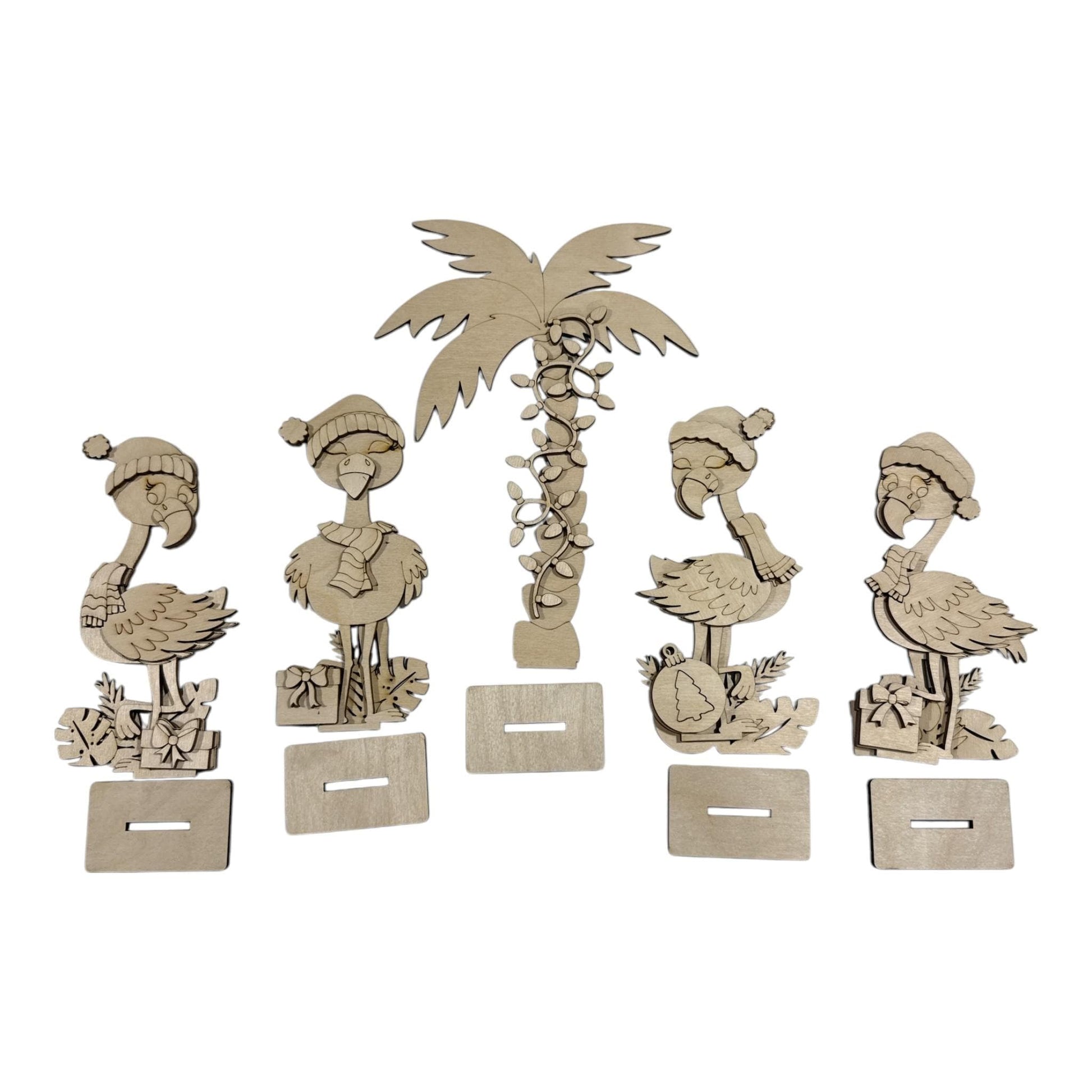 DIY Flamingo Christmas, Flamingo Unfinished Shelf Sitter, Palm Tree Christmas