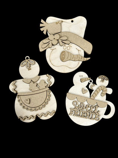 DIY Sweet Friends, Gingerbread and Snowman Unfinished Ornaments