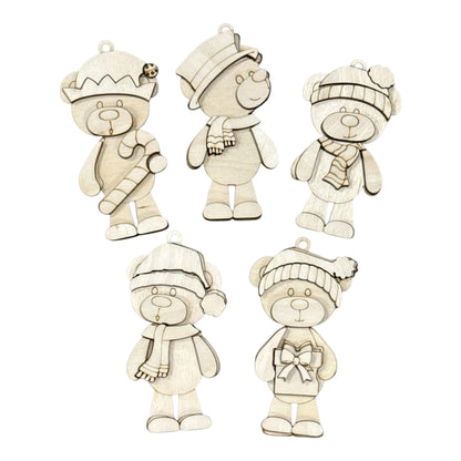 DIY Sweet Teddy Bear Set of 5 Ornaments, Unfinished Ornaments, Teddy Bear Unfinished Wooden Ornaments