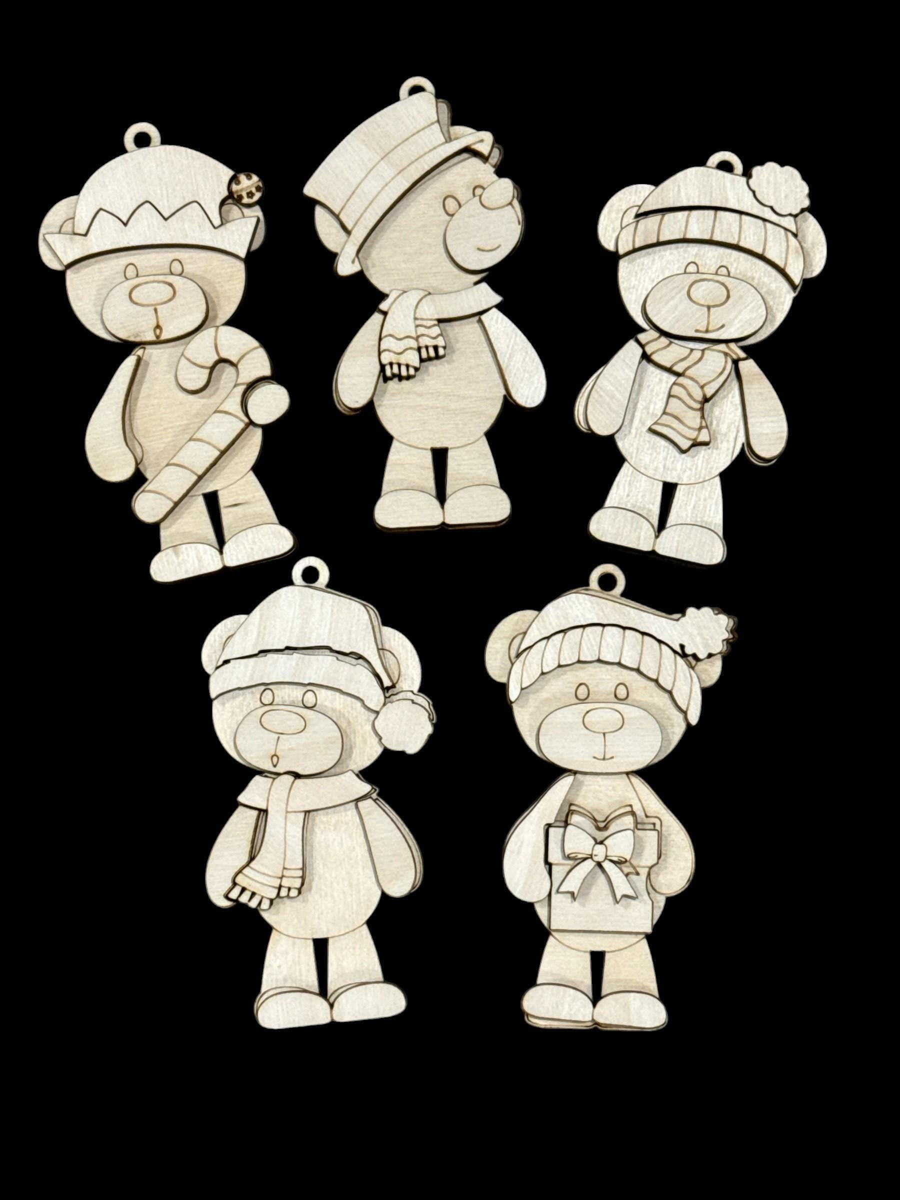 DIY Sweet Teddy Bear Set of 5 Ornaments, Unfinished Ornaments, Teddy Bear Unfinished Wooden Ornaments
