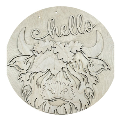 DIY Hello Fall with Highland cow and Leaves Door Hanger, 3d Door Hanger, Unfinished Door Hanger, Fall