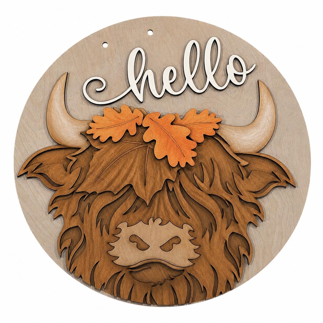 DIY Hello Fall with Highland cow and Leaves Door Hanger, 3d Door Hanger, Unfinished Door Hanger, Fall
