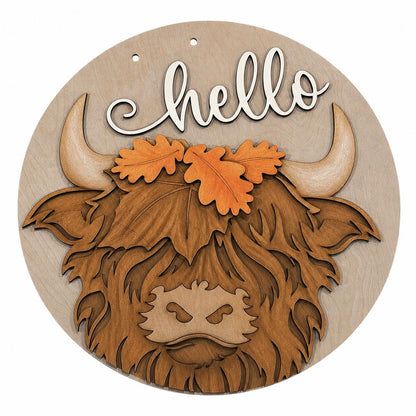 DIY Hello Fall with Highland cow and Leaves Door Hanger, 3d Door Hanger, Unfinished Door Hanger, Fall