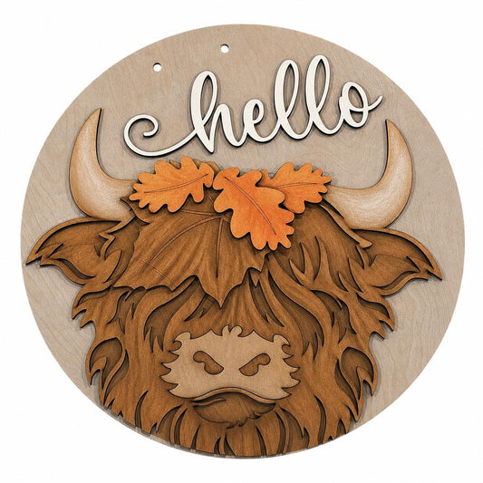 DIY Hello Fall with Highland cow and Leaves Door Hanger, 3d Door Hanger, Unfinished Door Hanger, Fall