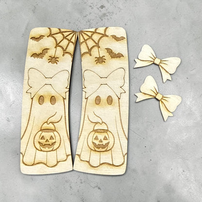 DIY Cute Bow Ghost, Halloween Little Ghost with Bow Hair Clip: Unfinished Wood Laser Cut Blank