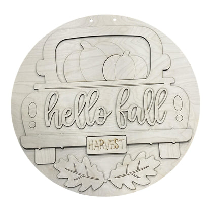 DIY Hello Fall Truck and Pumpkin Door Hanger, 3d Door Hanger, Unfinished Door Hanger