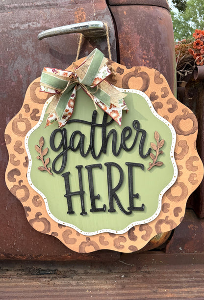 DIY Gather Here Leopard Pumpkin Scalloped Door Hanger
