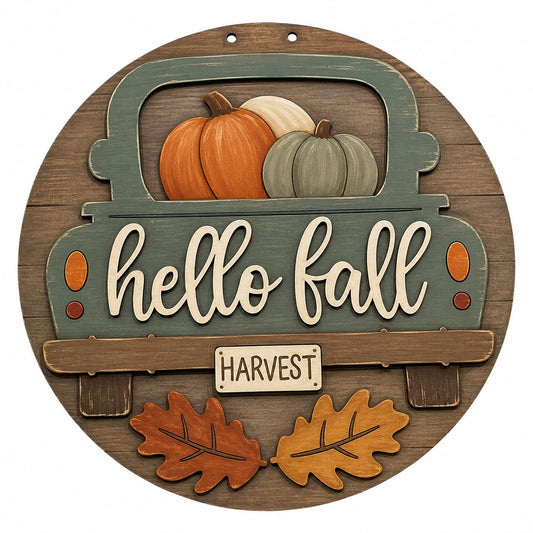 DIY Hello Fall Truck and Pumpkin Door Hanger, 3d Door Hanger, Unfinished Door Hanger