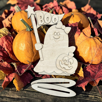 DIY Cute Ghost with Flag and Pumpkin Shelf Sitter