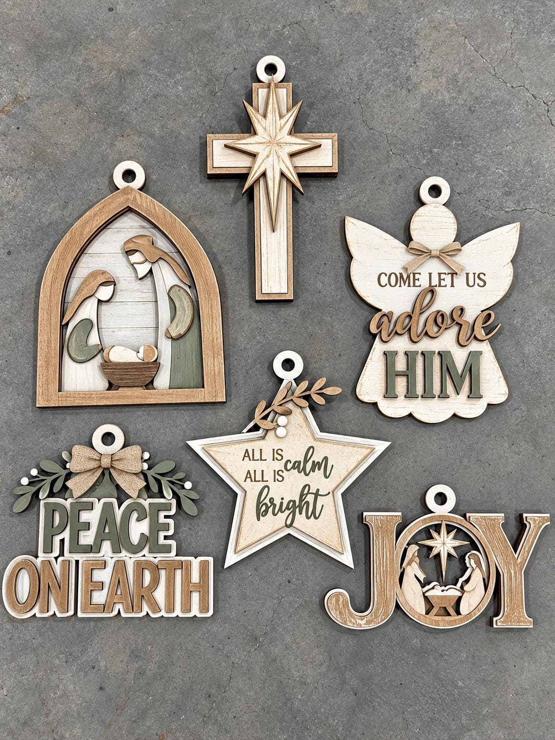 DIY Set of Religious Nativity Christmas Ornaments, Unfinished