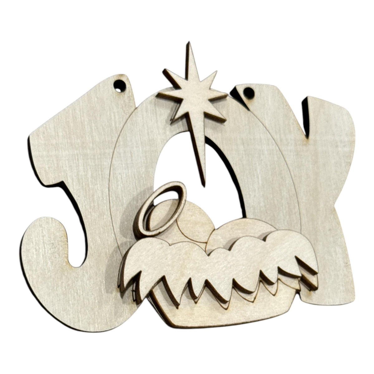Joy Ornament with Baby and Star, Unfinished, Wooden Ornament