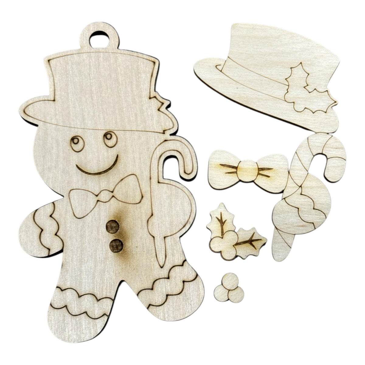 DIY Gingerbread with Candy Cane and Top Hat Ornament, Unfinished, Wooden Ornament