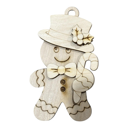 DIY Gingerbread with Candy Cane and Top Hat Ornament, Unfinished, Wooden Ornament