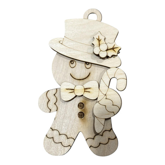 DIY Gingerbread with Candy Cane and Top Hat Ornament, Unfinished, Wooden Ornament