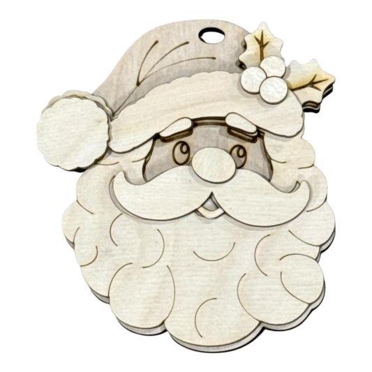 DIY Santa with Fluffy Beard Ornament, Unfinished, Wooden Ornament