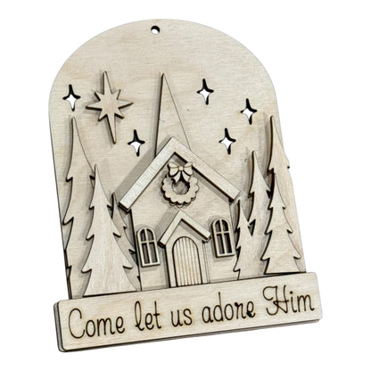 Christmas Church Oh Come Let us adore him, Vintage Church Ornament Unfinished