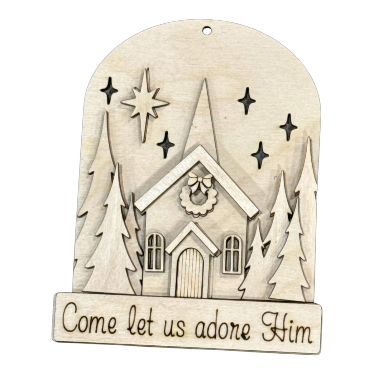 Christmas Church Oh Come Let us adore him, Vintage Church Ornament Unfinished