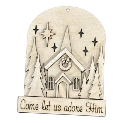 Christmas Church Oh Come Let us adore him, Vintage Church Ornament Unfinished