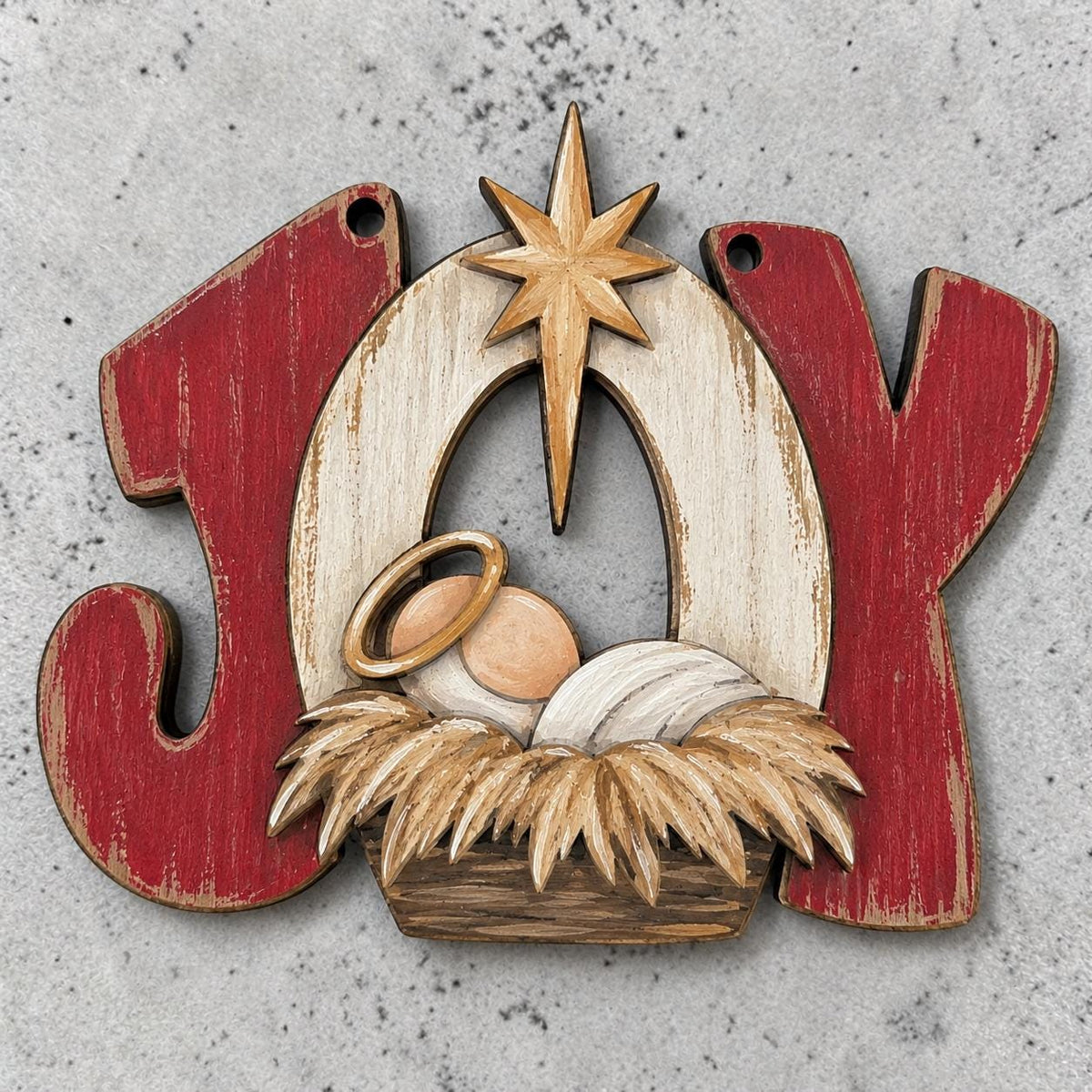 Joy Ornament with Baby and Star, Unfinished, Wooden Ornament