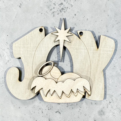 Joy Ornament with Baby and Star, Unfinished, Wooden Ornament