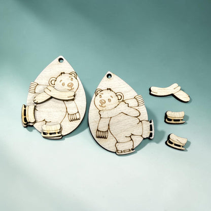 Polar Bear Earrings: Unfinished Birch Wood, Craft Jewelry