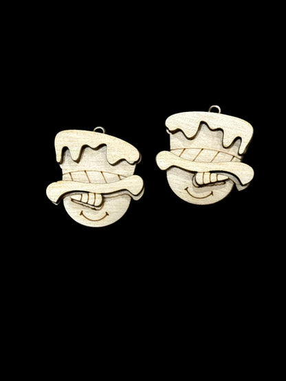 Cute Snowman with Hat Earrings: Unfinished Birch Wood, Craft Jewelry